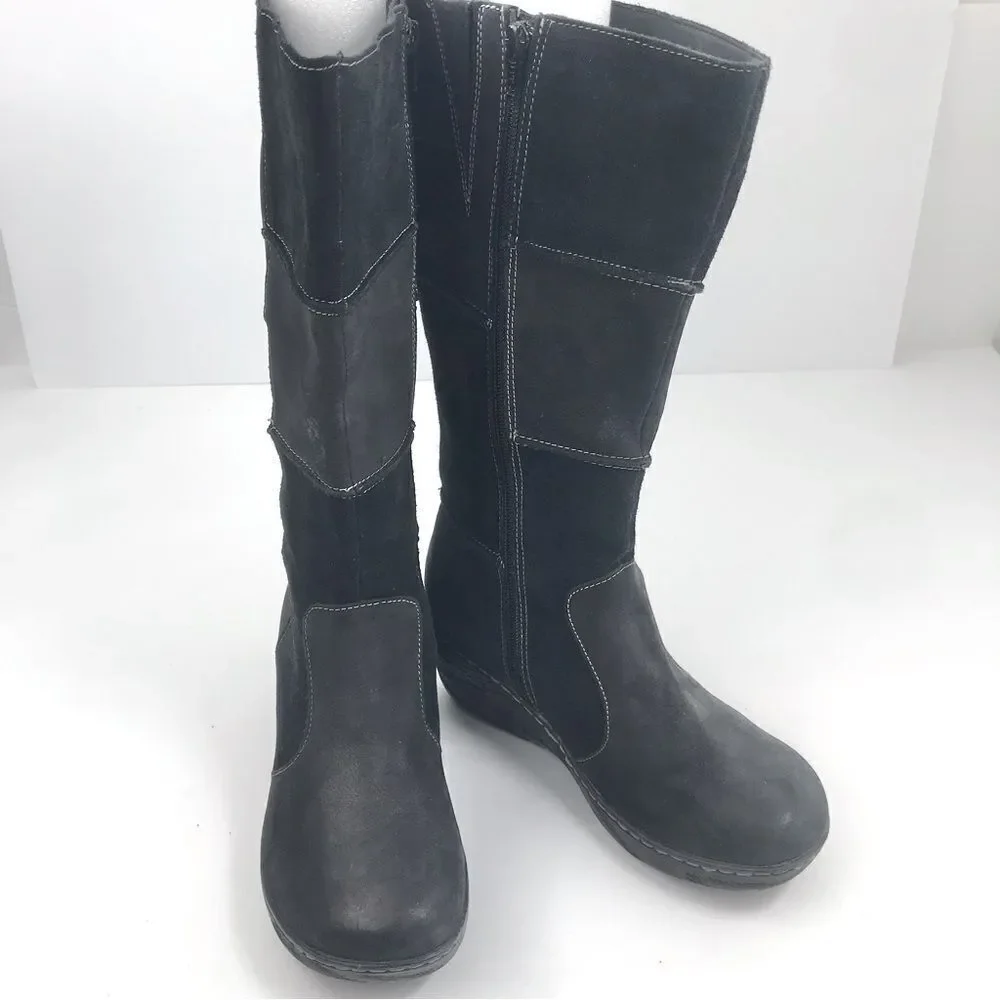 B.O.C. Black Suede Leather Patchwork Side Zip Wedge Heel Tall Boots